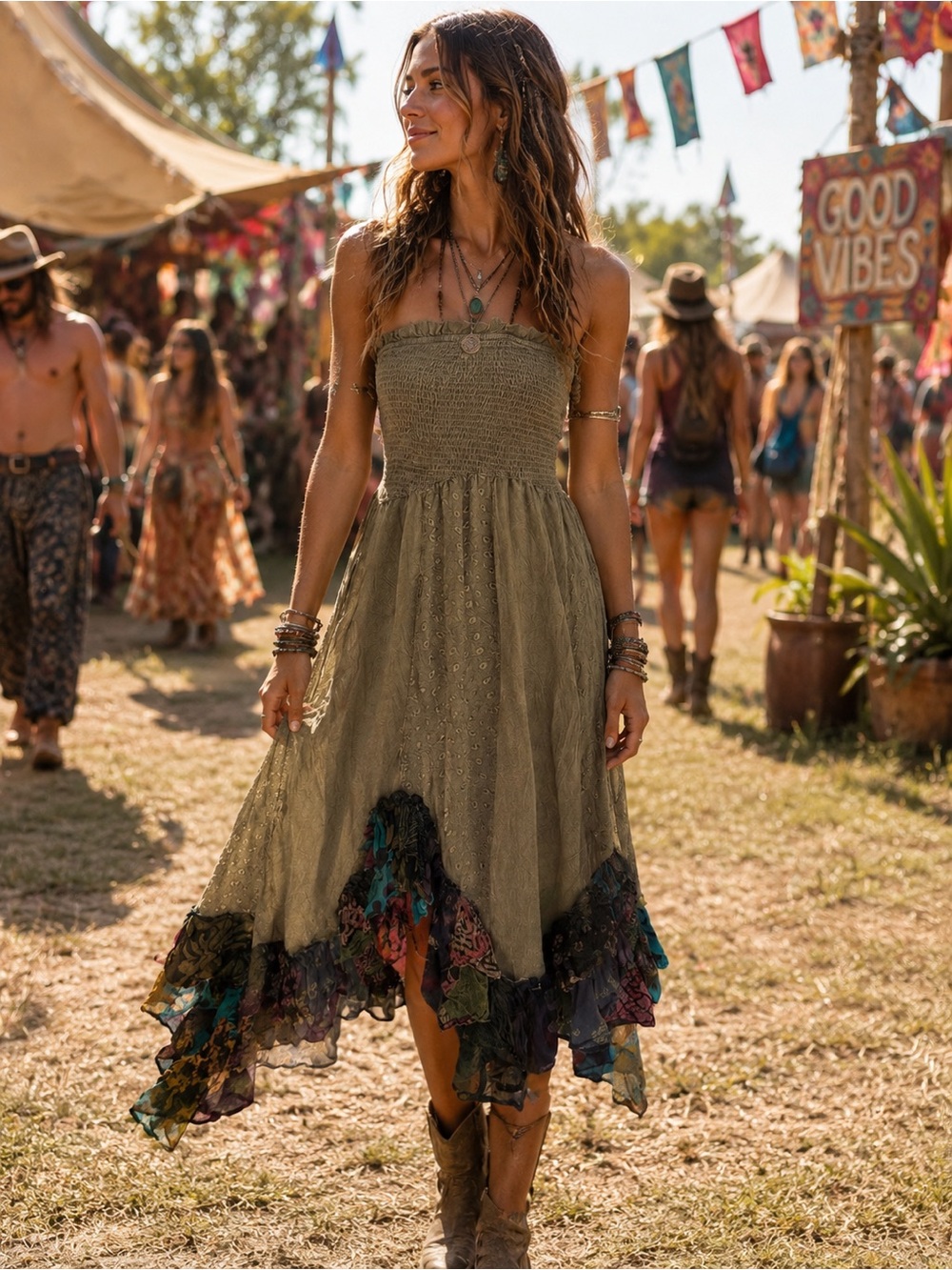 NWT Young Threads Smocked Olive Boho Dress Floral Ruffle Hem festival western